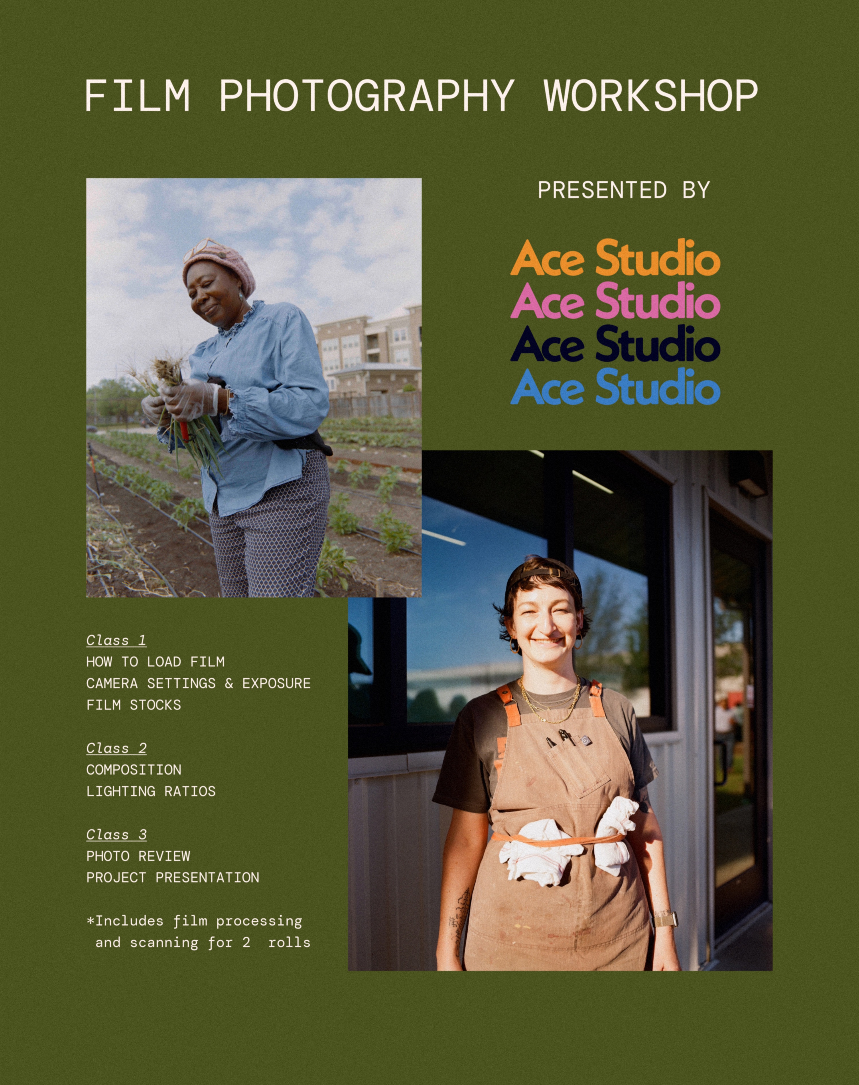 Film Photography Workshop flyer: class schedule and presented-by lockup for Ace Studio.